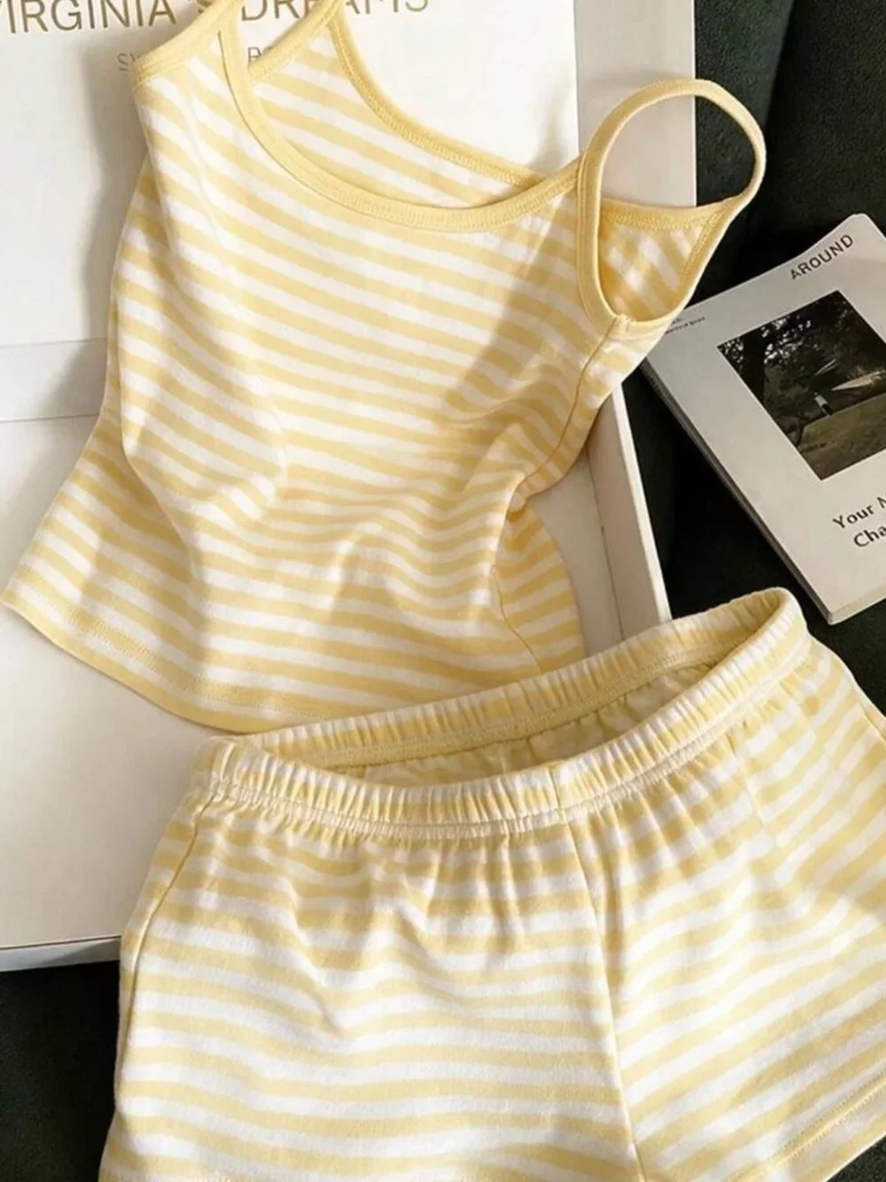 Light Yellow Casual Women's Vacation Striped Camisole Top And Shorts Set
